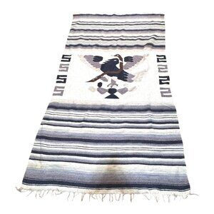 Vintage Handwoven Mexican Serape Blanket Eagle Bird Design Southwest Gray READ